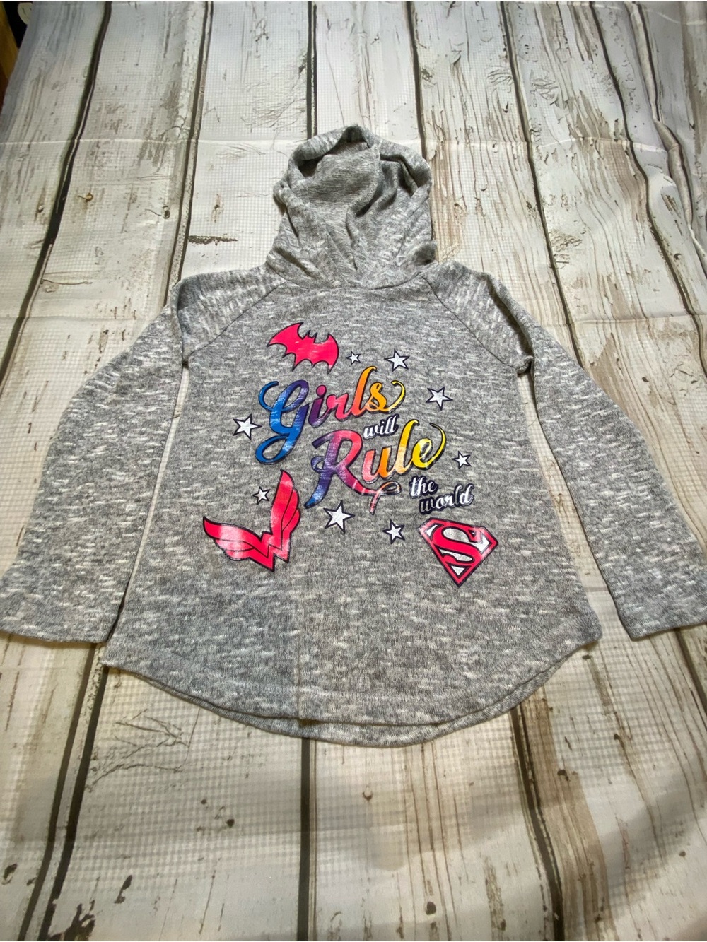 Girls' Gray Hooded Long Sleeve Tee with Colorful 'Girls Will Rule' Graphic Sz-M